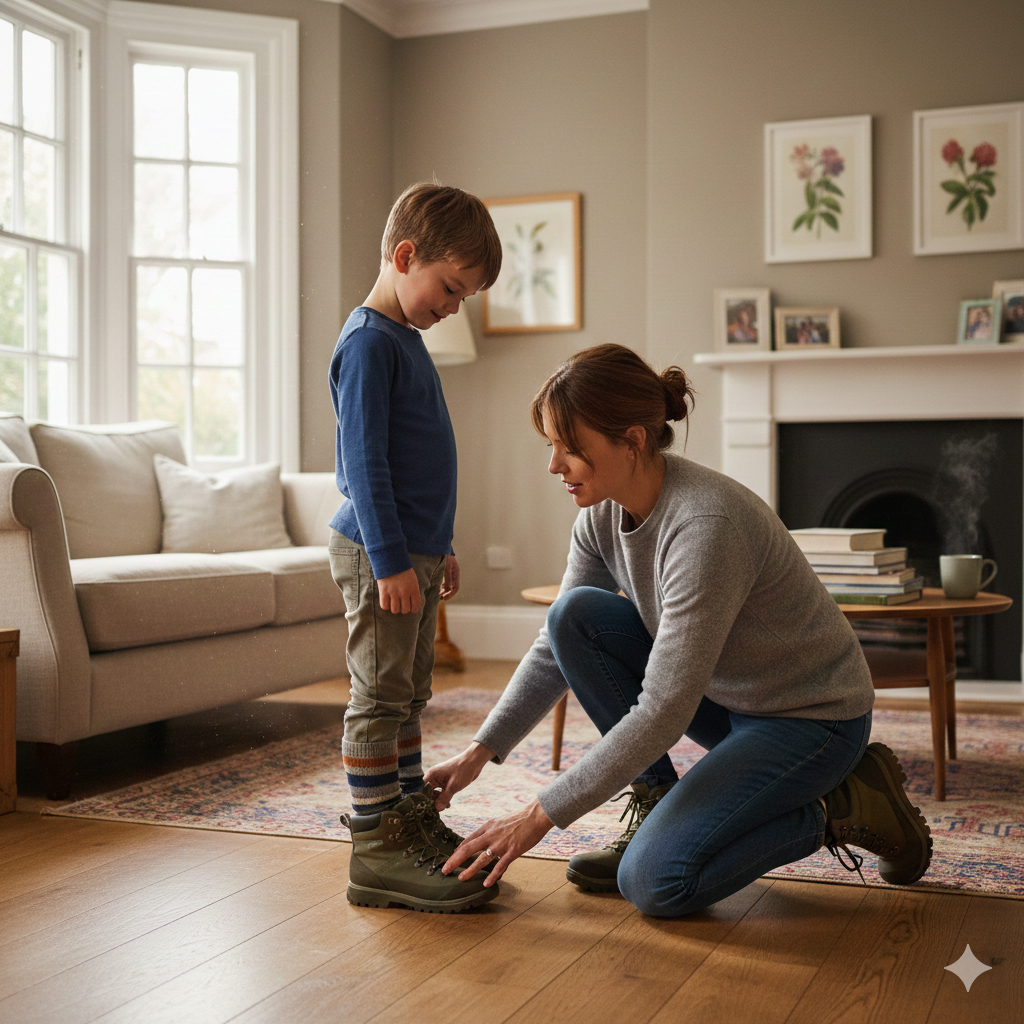 Parent checking toe space in child’s walking boots at home using thick walking socks