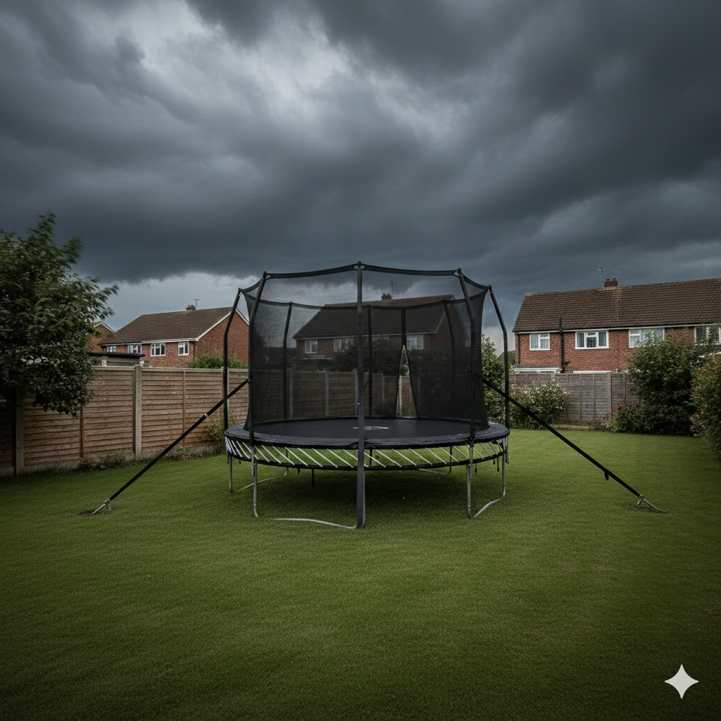 Dramatic UK garden scene with dark storm clouds rolling in over a large enclosed trampoline firmly anchored with visible straps and ground anchors. Wind visibly blowing trees and grass, trampoline stable on lawn with clear space around it. Typical British suburban garden with wooden fencing and houses in background. High-detail photographic style, moody lighting, dynamic atmosphere, landscape orientation, 3:2 ratio.

