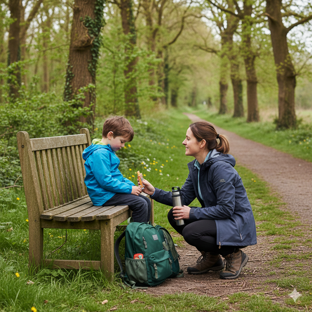 A child sitting on a wooden bench beside a countryside trail looking slightly tired while a parent offers a snack and water. Backpacks rest on the ground nearby. Surroundings include trees, grass, and a well-used walking path typical of a UK park or woodland area. Calm, relatable family moment showing a break during a walk.

