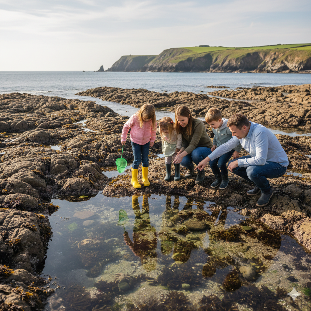 Children exploring rock pools with adult supervision, low tide conditions, rocky UK coastline, careful stepping, educational exploration feel.