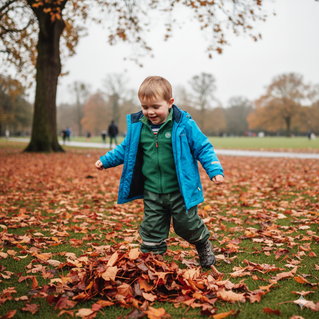 A realistic UK park scene on a cool autumn day. A child wearing layered clothing: a long-sleeve base layer, fleece mid layer, and waterproof jacket on top. The jacket is slightly open to reveal the layers underneath. Fallen leaves on the ground, overcast sky, natural lighting. The child looks comfortable and active rather than posed, demonstrating practical layering for everyday outdoor play.

