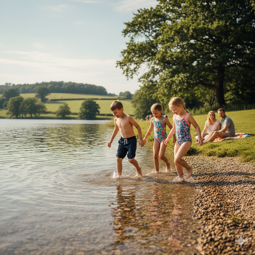 Children entering a lake from a gentle sandy or pebbled shore while parents supervise nearby, clear shallow water visible, calm conditions.

