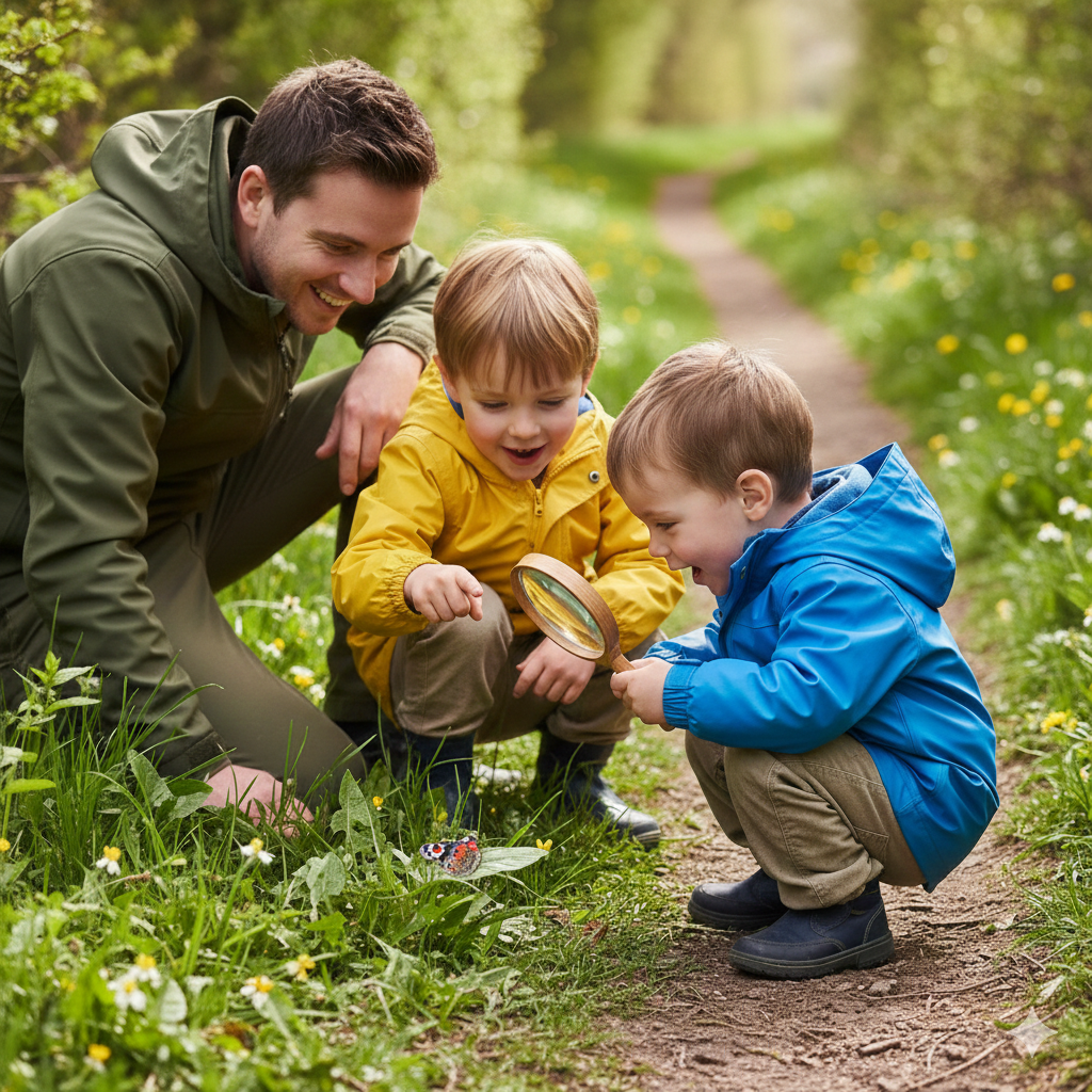 Close-up of a child crouching excitedly while using a magnifying glass to examine a butterfly on a leaf beside a countryside path. Another child points enthusiastically while a parent kneels nearby. Background shows grassy trail, wildflowers, and soft sunlight — capturing curiosity, wonder, and hands-on outdoor exploration.

