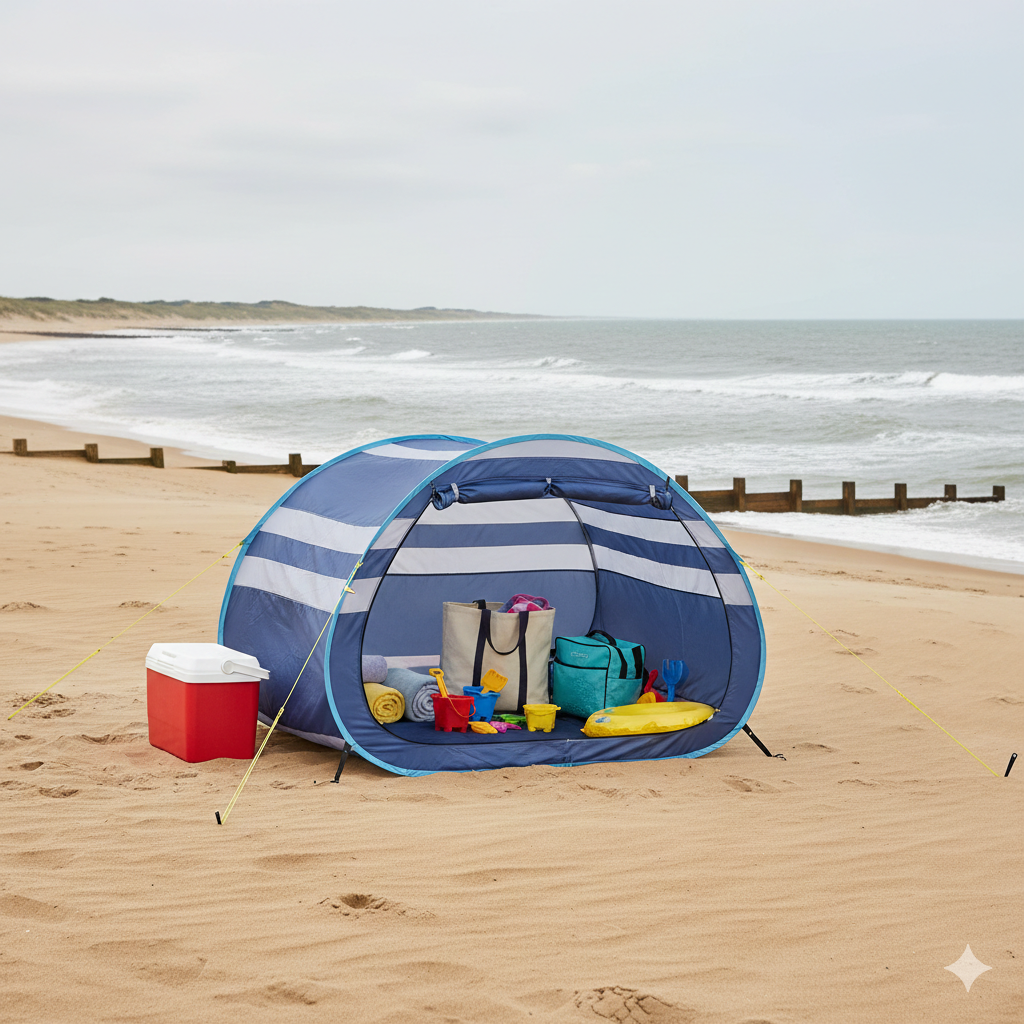 Pop-up beach shelter set up on a windy UK beach with towels, bags and toys inside for a family day out
