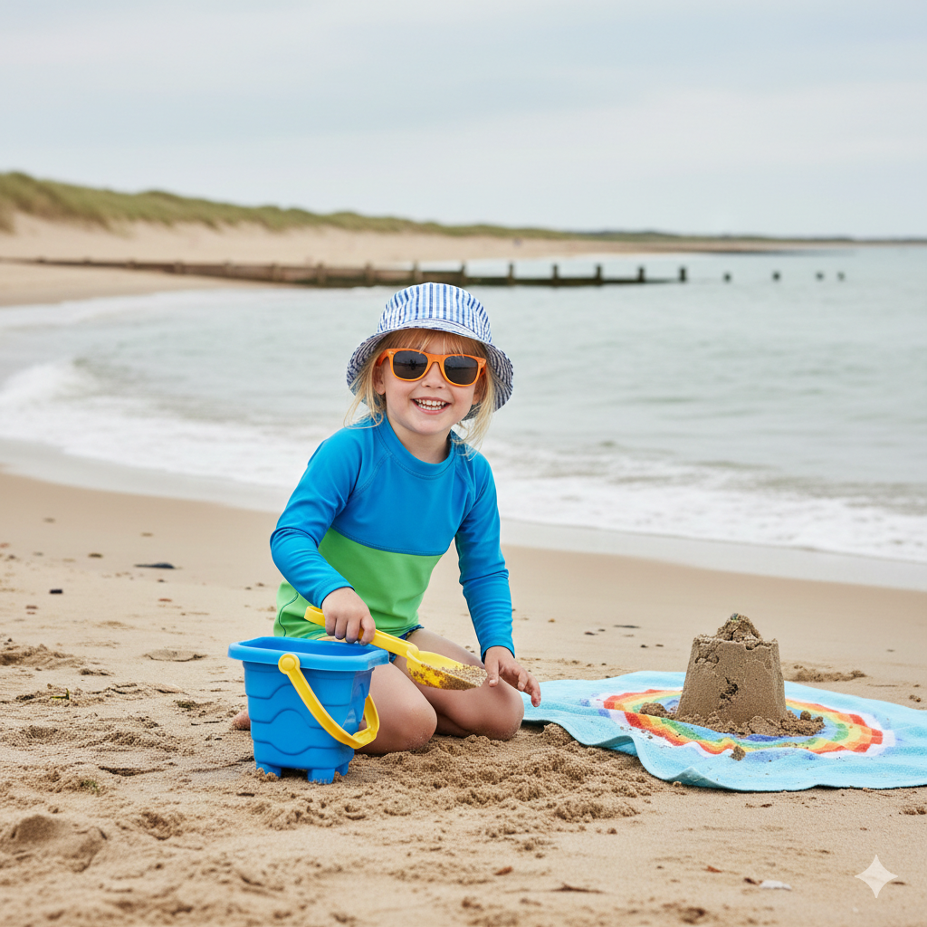 A young child wearing a blue and green long-sleeved rash guard, a striped sun hat, and orange sunglasses sits on a sandy UK beach. They are smiling and playing with a blue bucket and yellow spade next to a small sandcastle built on a colorful rainbow-patterned towel. In the background, there is a calm sea under a soft, overcast sky with wooden groynes visible along the shoreline.