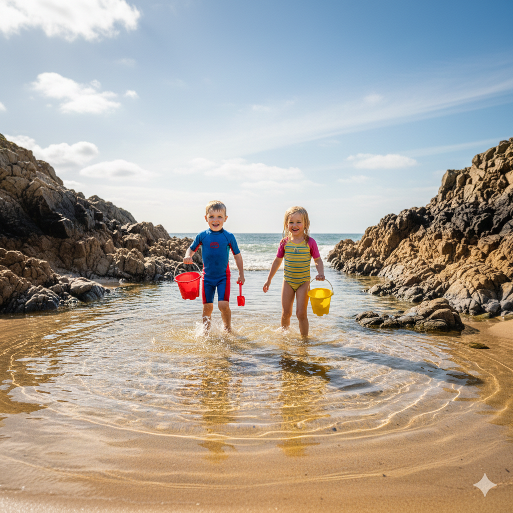 Crystal-clear shallow tidal pool glowing in sunshine, children splashing and exploring with buckets, golden sand and rocks visible beneath the water, peaceful sheltered cove with bright summery lighting, idyllic family adventure atmosphere.