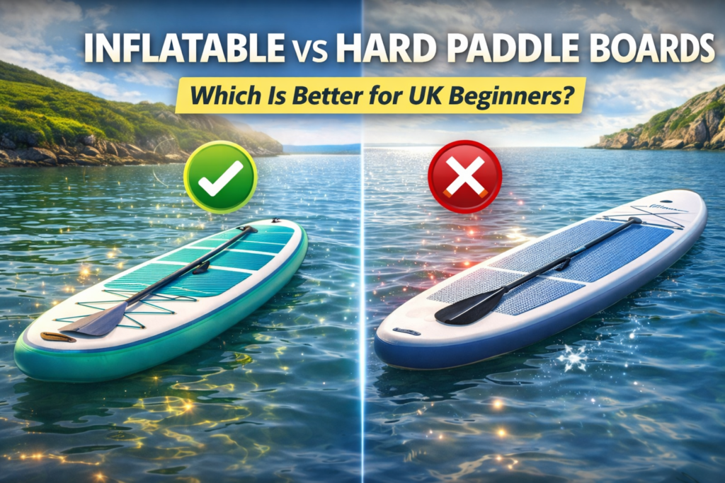 Inflatable vs hard paddle board comparison on calm water for beginner paddle boarders in the UK