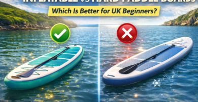 Inflatable vs hard paddle board comparison on calm water for beginner paddle boarders in the UK