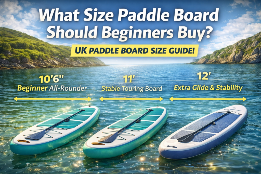 Beginner paddle board size guide showing different SUP board lengths on calm UK water