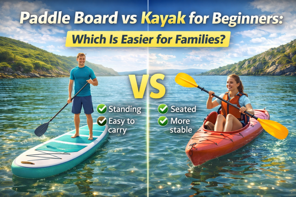 Paddle board vs kayak comparison showing beginners on calm lake water