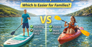 Paddle board vs kayak comparison showing beginners on calm lake water