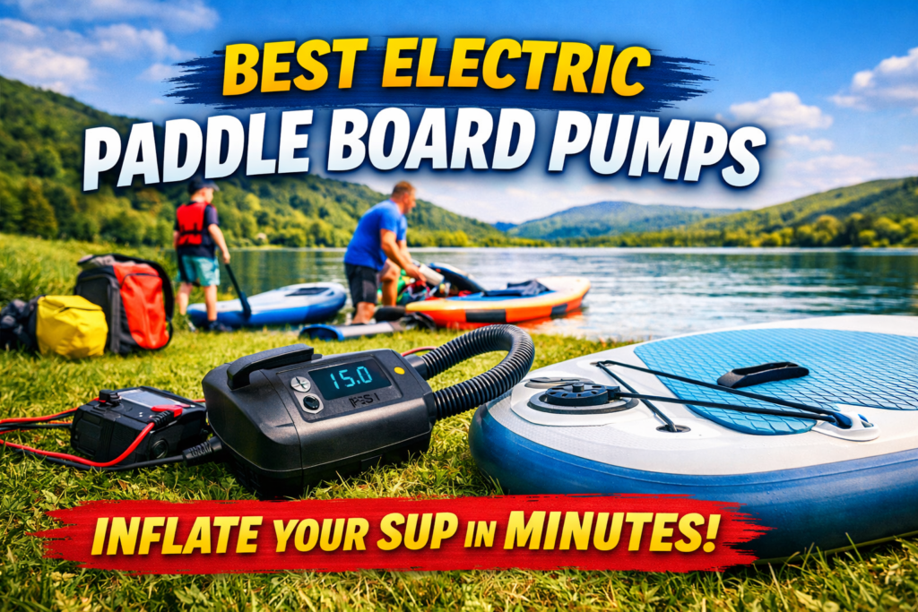 Electric paddle board pump inflating a SUP beside a UK lake before a paddle boarding trip.