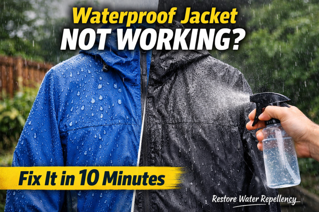 Reproofing a waterproof jacket to restore water repellency and stop rain soaking into the fabric