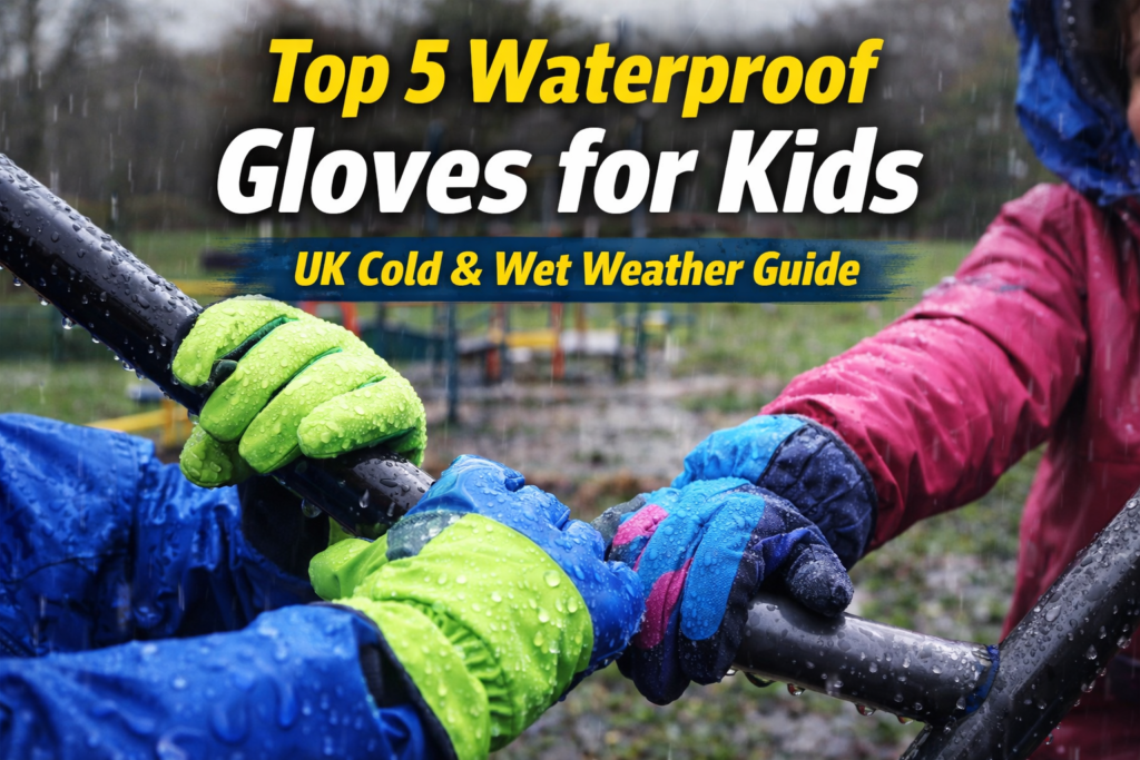 Kids wearing waterproof gloves playing on a wet climbing frame in rainy UK weather
