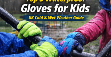 Kids wearing waterproof gloves playing on a wet climbing frame in rainy UK weather