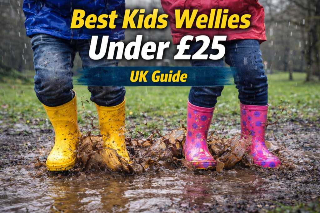 Kids wearing colourful wellies jumping in a muddy puddle during rainy UK weather