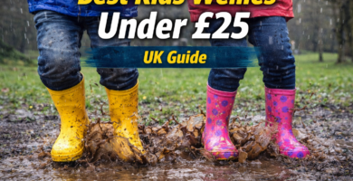 Kids wearing colourful wellies jumping in a muddy puddle during rainy UK weather