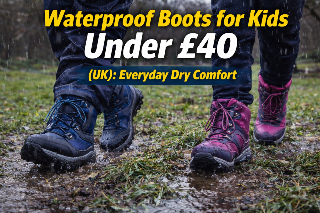 Kids wearing waterproof hiking boots walking through wet grass and mud in rainy weather