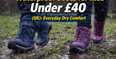 Kids wearing waterproof hiking boots walking through wet grass and mud in rainy weather