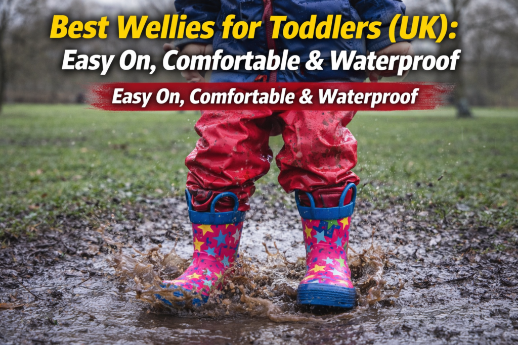 Toddler wearing colourful wellies jumping in a muddy puddle during rainy UK weather
