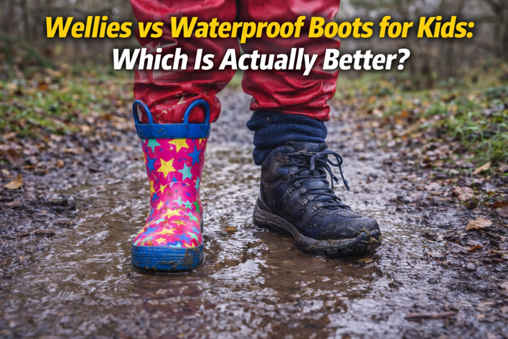 Child standing on a muddy trail wearing one welly and one waterproof walking boot to compare kids footwear