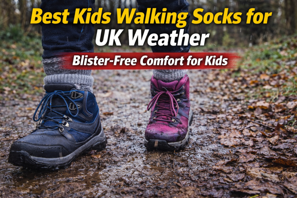 Kids wearing hiking boots and thick walking socks on a muddy woodland trail during rainy UK weather