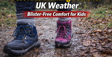 Kids wearing hiking boots and thick walking socks on a muddy woodland trail during rainy UK weather