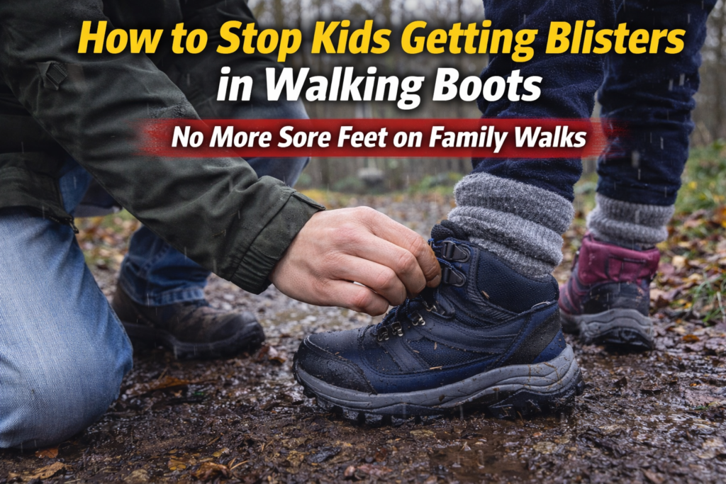 Parent adjusting a child’s walking boot and hiking socks on a muddy woodland trail to prevent blisters