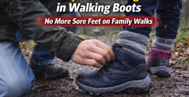 Parent adjusting a child’s walking boot and hiking socks on a muddy woodland trail to prevent blisters