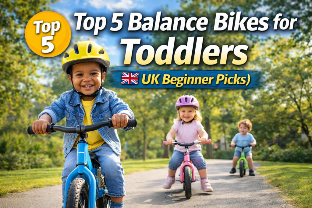 Top 5 balance bikes for toddlers UK showing young children riding beginner bikes in a park