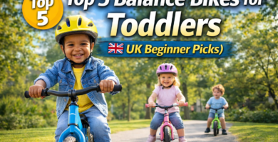 Top 5 balance bikes for toddlers UK showing young children riding beginner bikes in a park