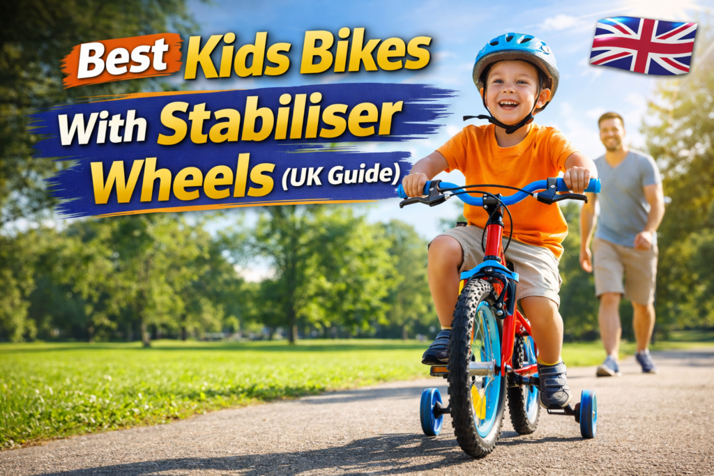 Best kids bikes with stabiliser wheels UK showing child learning to ride with training wheels in a park
