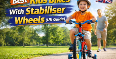 Best kids bikes with stabiliser wheels UK showing child learning to ride with training wheels in a park