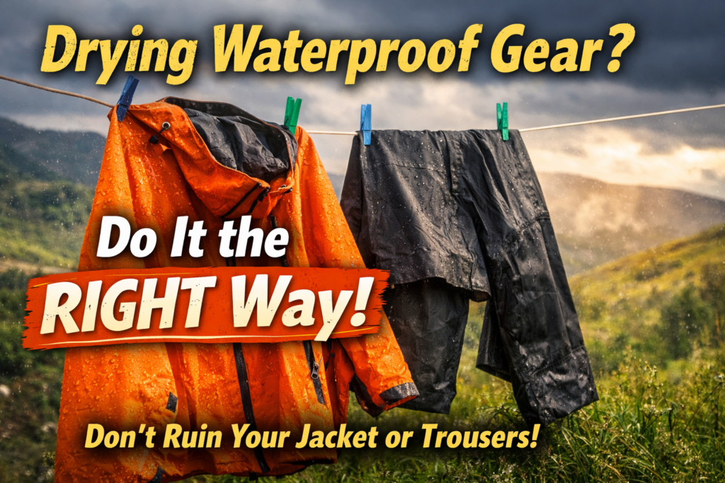 Wet waterproof jacket and trousers drying on a washing line outdoors after rain