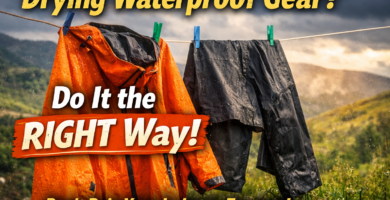 Wet waterproof jacket and trousers drying on a washing line outdoors after rain