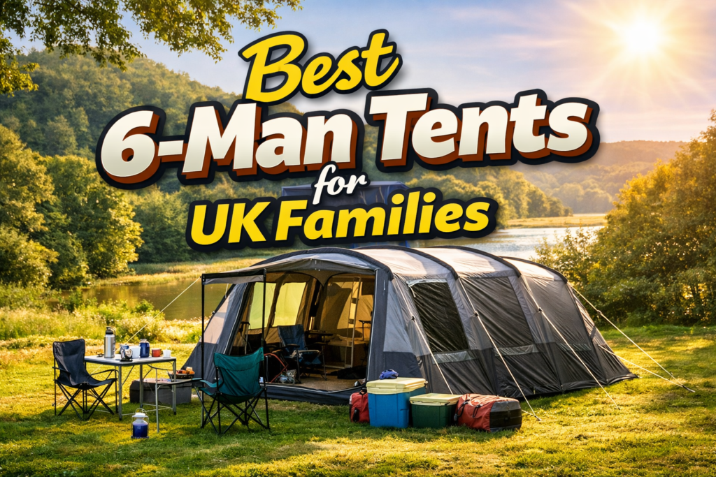 Spacious 6-man family camping tent set up beside a lake with camping chairs and gear, featured image for best 6-man tents for UK families guide.