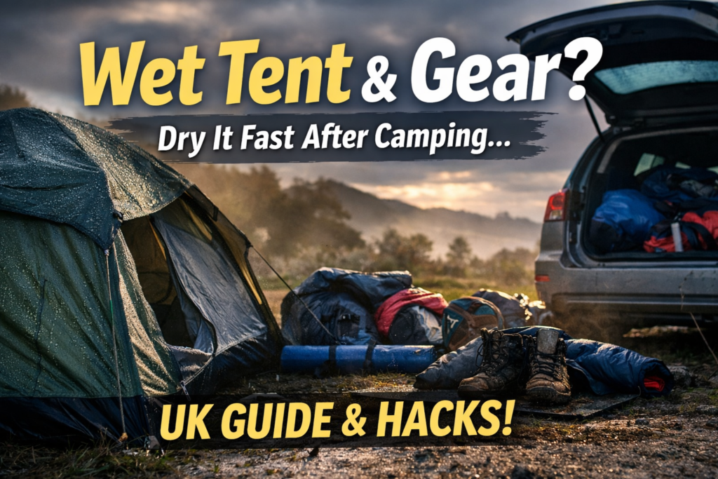 Wet camping tent and gear being dried after a rainy UK camping trip