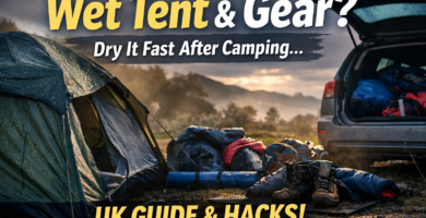 Wet camping tent and gear being dried after a rainy UK camping trip