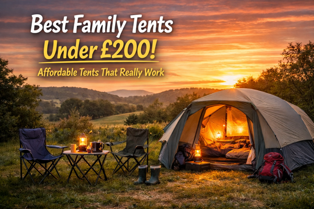 Best family camping tents under £200 UK with cosy tent setup at sunset campsite