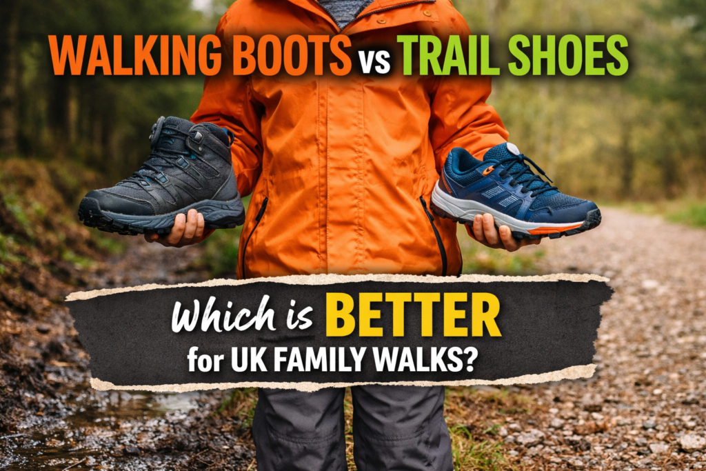 Child holding a walking boot and trail shoe on a muddy woodland path while comparing footwear for UK family walks