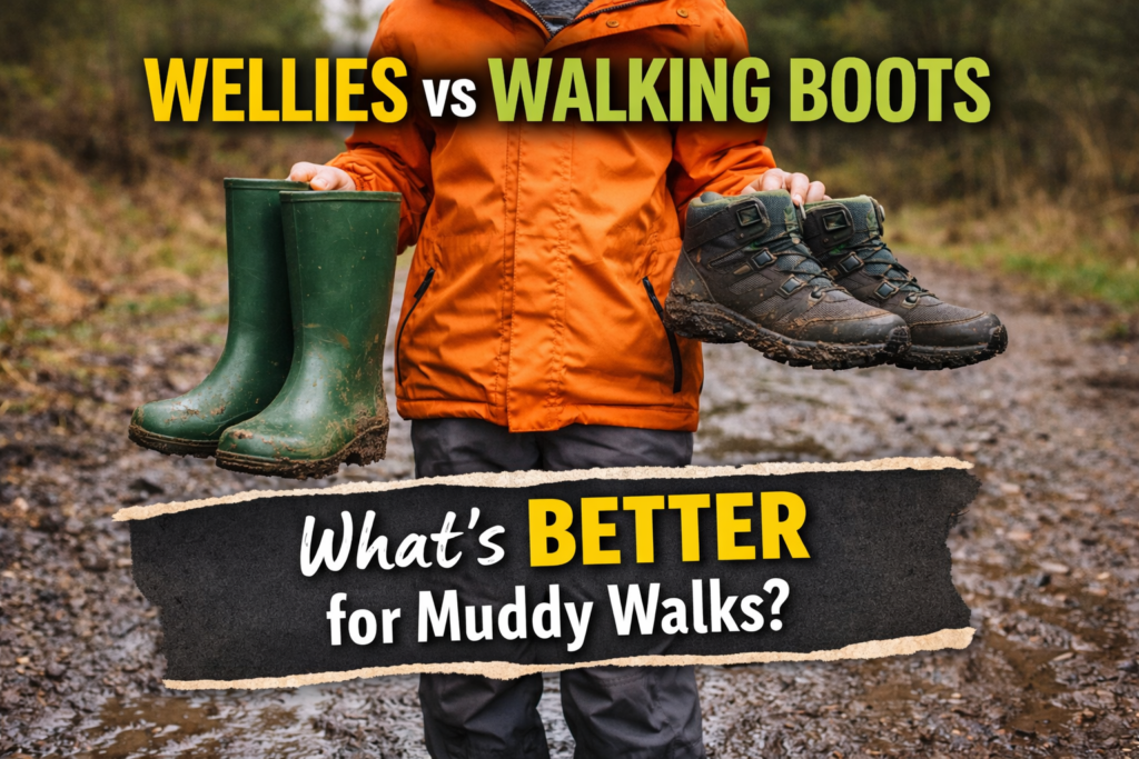 Child comparing green wellies and muddy walking boots on a wet woodland path during a family walk