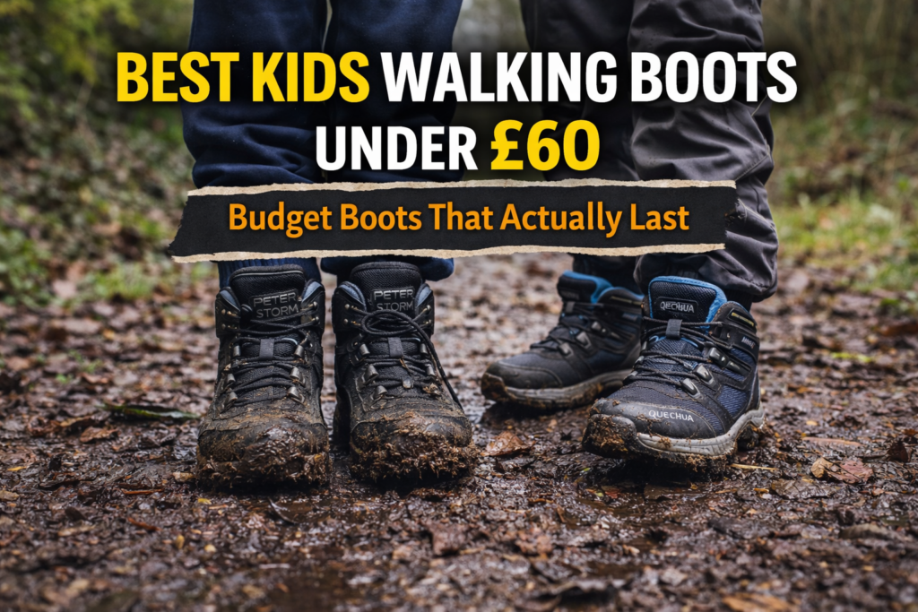 Kids wearing muddy walking boots on a woodland trail with text overlay “Best Kids Walking Boots Under £60 – Budget Boots That Actually Last”