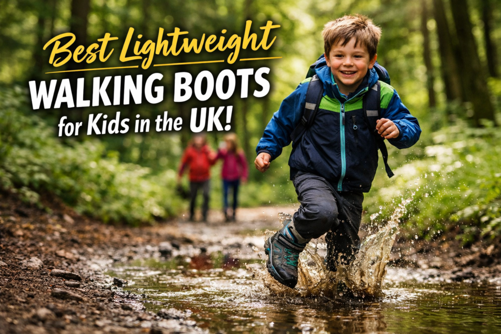 Child running along a muddy woodland trail wearing lightweight walking boots during a family hike in the UK