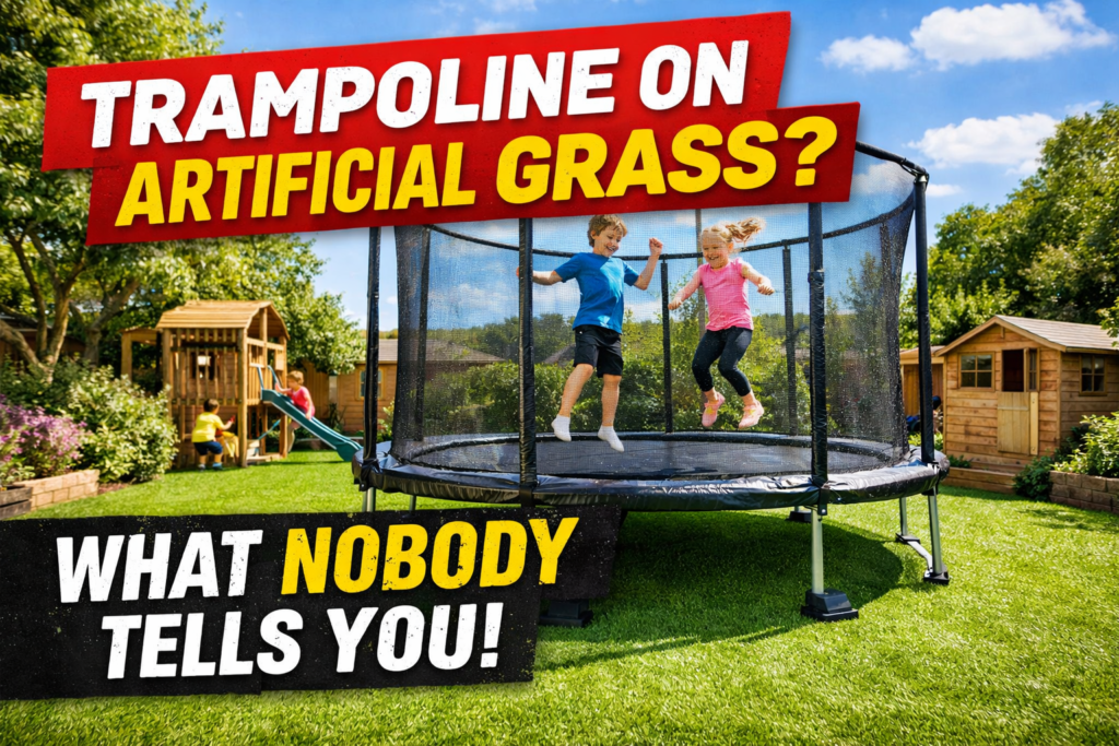 Trampoline on artificial grass in a UK family garden with safety net enclosure