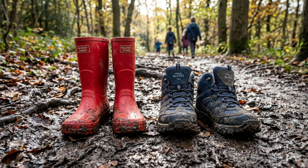 exciting image for article Close-up comparison of kids wellies and walking boots placed side-by-side in wet mud on a woodland trail, showing the difference in height, tread, and structure.