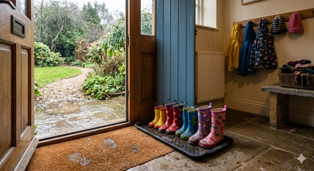 A cosy family home entryway scene with several pairs of colourful kids wellies lined up by the door on a muddy boot tray. The boots are slightly muddy from outdoor play, with puddles visible outside through the open doorway. A rainy garden and grey skies can be seen in the background. The image creates a relatable UK family moment after kids return from a muddy park or woodland walk.

