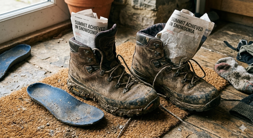 Close-up of muddy hiking boots with insoles removed, laces loosened, stuffed with newspaper on a doormat or utility-room floor, gritty realistic detail, satisfying “post-adventure” look.