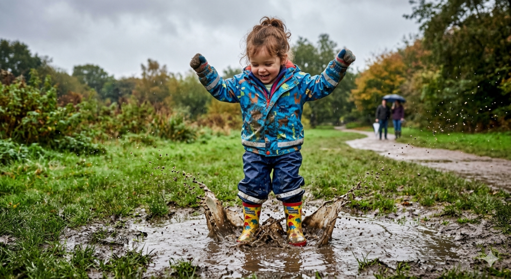 A joyful outdoor scene showing a toddler wearing bright colourful wellies jumping into a muddy puddle in a grassy UK park. Water splashes dramatically around the boots as the toddler lands in the puddle. The child is wearing a small waterproof jacket and rain trousers, with grey rainy skies and wet grass in the background. The image captures the fun of puddle jumping and clearly shows sturdy toddler wellington boots designed for muddy outdoor play in typical British weather.

