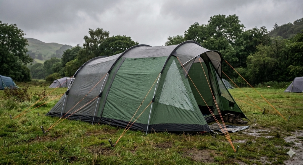 A sturdy family tent pitched on a grassy UK campsite during light rain. Water droplets are visible on the flysheet while guy lines stretch out securely into the ground. The surrounding trees and grey sky show a typical British camping day, yet the tent looks solid and dry, suggesting it can handle real UK conditions.

