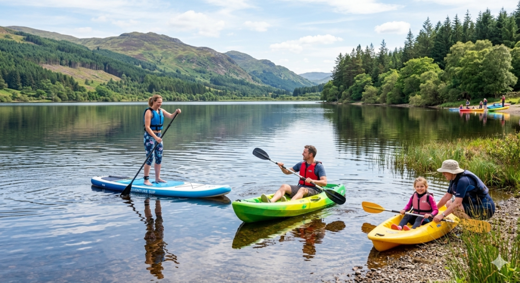 Family enjoying water sports on a calm UK lake with one person paddle boarding and another kayaking nearby, bright summer outdoor scene with hills and trees, peaceful water reflections, family friendly adventure atmosphere, realistic photography style.

